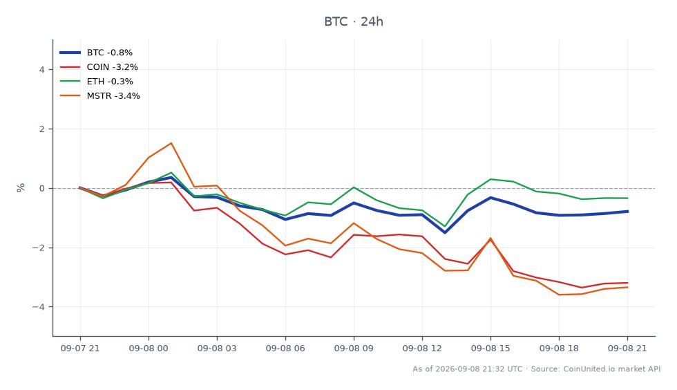 The chart displays the performance of Bitcoin (BTC) over the last 24 hours, showing an opening price of $79,211.00 and a closing price of $78,502.00, resulting in a decrease of 0.9%. The highest price reached during this period was $79,458.00, while the lowest was $77,601.00, indicating significant volatility. In comparison, related assets show varying performance: Coinbase (COIN) decreased by 3.42%, Ethereum (ETH) fell by 0.51%, and MicroStrategy (MSTR) declined by 3.54%. This data highlights Bitcoin as the primary focus, with COIN and MSTR exhibiting the most significant declines among the related assets, indicating a bearish sentiment in the broader market.