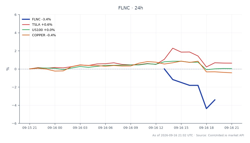 Fluence Energy, Inc. (FLNC) 股價顯著下跌，開盤價為 9.525 美元，收盤價為 9.045 美元，在過去 24 小時內下跌 5.04%。期間股價最高觸及 9.525 美元，最低來到 8.855 美元。相比之下，相關資產表現參差：Tesla (TSLA) 上漲 0.39%，而 US100 指數下跌 0.05%，銅價下跌 0.39%。此數據顯示 FLNC 在市場上落後於同業，這對於槓桿交易者在做交易決策時可能至關重要。