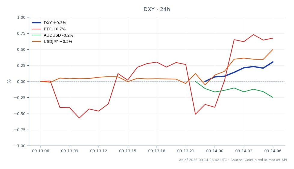 美元指数（DXY）开盘于99.13，收于99.41，过去24小时上涨0.28%。期间最高触及99.455，最低为99.09，共有8根K线形态显示市场活动。相关市场方面，比特币（BTC）上涨0.41%，而澳元/美元（AUD/USD）下跌0.35%。美元/日元（USD/JPY）货币对上涨0.52%，表明美元兑日元走强。总体而言，DXY的上涨趋势表明外汇市场看涨情绪，可能在9月FOMC会议前影响风险资产和杠杆头寸。