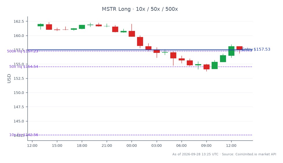 该图表展示了MicroStrategy Inc (MSTR)近期在股市的表现，开盘价为161.68美元，收盘价为157.53美元，在过去24小时内下跌了2.57%。该股票在此期间触及最高价162.33美元，最低价153.765美元，共显示25根蜡烛图。在杠杆交易方面，多头头寸的入场价为157.53美元，提供10倍、50倍和500倍的逐级杠杆选项。这一战略举措是在MicroStrategy公司巨额购入1.43亿美元比特币之后进行的，该举措对加密货币和股票市场都产生了影响，可能使MSTR在比特币价格波动的背景下成为股票行业的领导者。交易员应注意MSTR股价波动与比特币价格波动之间的相互作用，因为它们可能会影响杠杆情景和市场情绪。