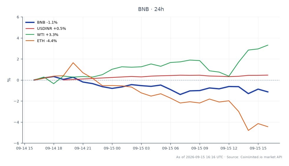 BNBの最近のパフォーマンスと各種金融指標との比較を示すチャート。BNBは722.90ドルで始まり717.20ドルで引け、過去24時間で0.79%下落した。この期間の最高値は734.10ドル、最安値は711.70ドルだった。比較すると、インドルピー（USDINR）は0.46%上昇し、ウェストテキサスインターミディエイト（WTI）原油は1.68%上昇した。しかし、イーサリアム（ETH）は3.65%下落し、遅れをとった。このデータは仮想通貨市場、特にBNBのボラティリティを浮き彫りにしており、現在716.90ドルでレバレッジリスクゾーンにある。トレーダーは、レバレッジ取引でポジションを管理する際に、これらの変動に注意する必要がある。