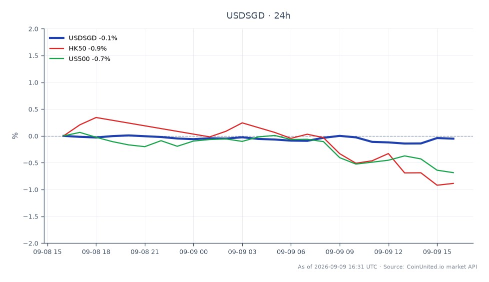 图表展示了美元兑新加坡元(USDSGD)在24小时内的表现。该货币对开盘价为1.264975,收盘价略低于1.264335,下跌0.05%。最高触及1.265325,最低为1.26291。在相关市场中,香港指数(HK50)下跌1.0%,标普500指数(US500)下跌0.74%。这表明市场普遍存在看跌情绪,与相关指数的显著下跌相比,USDSGD表现相对稳定。USDSGD的小幅下跌与HK50和US500的跌幅形成对比,凸显了其在此跨市场分析中的滞后性。