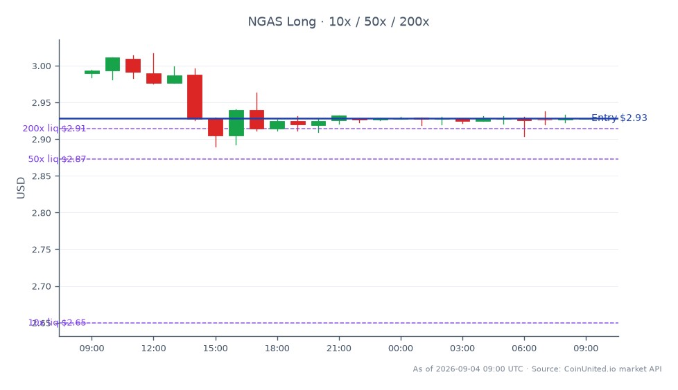 图表显示了过去 24 小时内大宗商品市场的天然气 (NGAS) 表现。开盘价为 2.9895 美元，收盘价为 2.92815 美元，下跌 2.05%。此期间最高价为 3.01705 美元，最低价为 2.8899 美元。图表显示共有 25 根蜡烛图，代表此时间段内的交易活动。对于杠杆交易，以 2.92815 美元建仓做多，杠杆选项分别为 10 倍、50 倍和 200 倍。交易员应注意价格的显著波动，并考虑在高波动性市场中使用高杠杆的潜在风险。