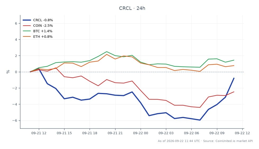 Circle Internet Group, Inc. (CRCL) の過去24時間のパフォーマンスを示すチャート。始値95.895ドル、終値96.3ドルで、0.42%の上昇を反映している。この期間中、株価は最高値99.915ドル、最安値90.47ドルを記録した。比較として、関連資産は様々なパフォーマンスを示しており、Coinbase (COIN) は1.81%下落、Bitcoin (BTC) は1.99%上昇、Ethereum (ETH) は1.12%上昇した。これは、CRCLがわずかな上昇を経験した一方で、COINは遅れをとり、このクロスマーケットシナリオにおいて注目すべきアンダーパフォーマーとなったことを示している。このチャートは、株式と暗号通貨間の市場ダイナミクスを明確に示し、これらの資産の対照的な動きを強調している。