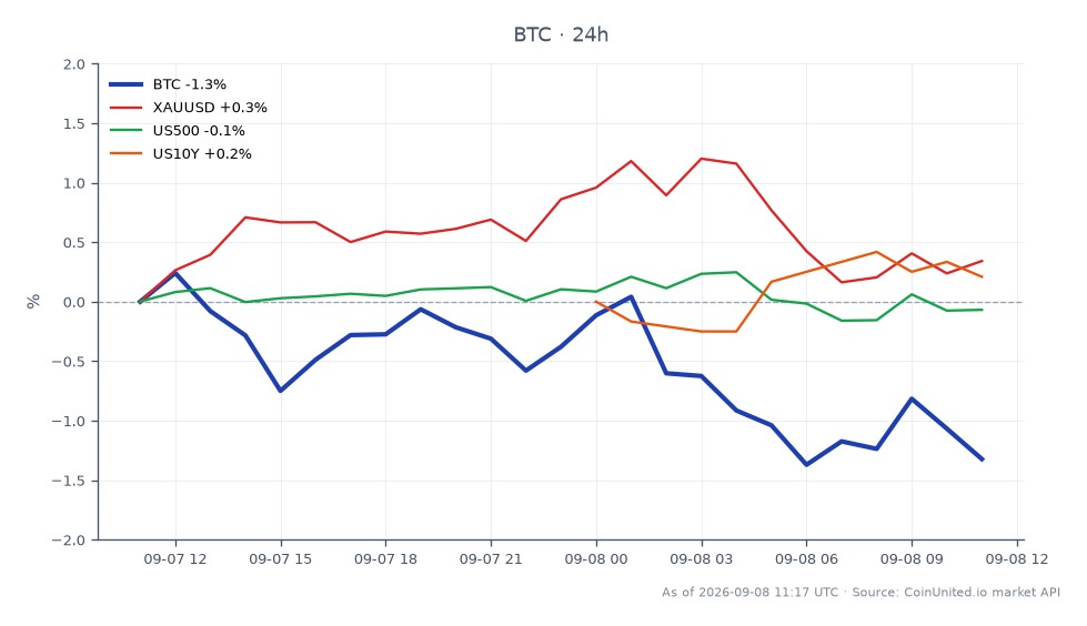 The chart illustrates Bitcoin's recent performance, showing an opening price of $79,320 and a closing price of $78,327, resulting in a 24-hour percentage change of -1.25%. The price fluctuated between a high of $79,613 and a low of $78,149 over the observed period, with a total of 25 candlestick formations. In comparison, the related markets displayed varied movements: Gold (XAUUSD) increased by 0.2%, the S&P 500 (US500) decreased by 0.16%, and the US 10-Year Treasury Yield (US10Y) rose by 0.29%. This data indicates Bitcoin's relative weakness in the face of mixed performance in traditional markets, highlighting its position as a laggard amid upcoming CPI and FOMC events, which may further influence market volatility and leverage risks.