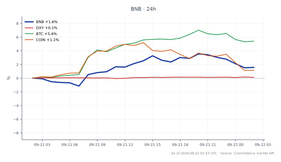 The chart illustrates the performance of Binance Coin (BNB) over the past 24 hours, showing an opening price of $775.00 and a closing price of $790.40, which reflects a 1.99% increase. The highest price reached during this period was $808.20, while the lowest was $766.60. In comparison, the DXY index increased by 0.16%, Bitcoin (BTC) surged by 5.78%, and Coinbase (COIN) saw a rise of 1.68%. This data suggests that while BNB has shown a modest gain, Bitcoin outperformed significantly, indicating a potential leader in the market during this timeframe. Traders should be aware of leverage risk zones around $790.80, where liquidation could occur if prices drop significantly.