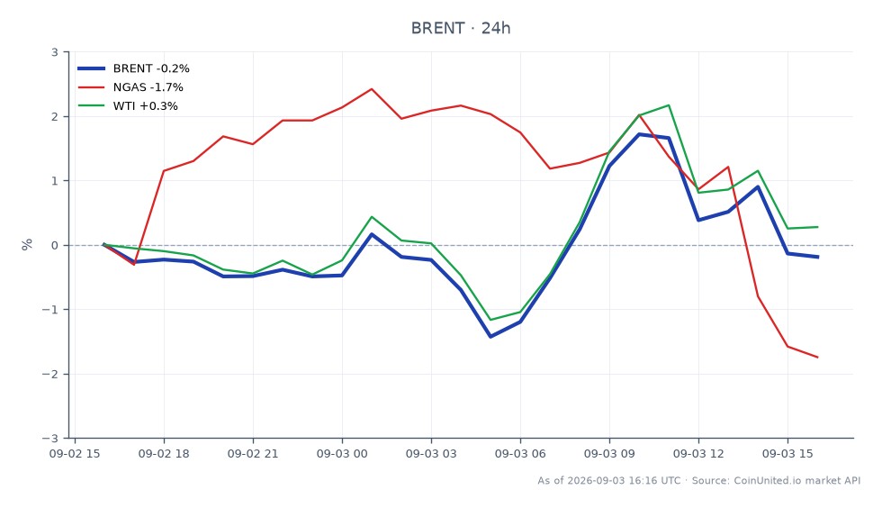 The chart illustrates the 24-hour performance of Brent Crude Oil, which opened at $95.32 and closed slightly higher at $95.41, marking a minimal increase of 0.09%. The price fluctuated within a range, reaching a high of $97.49 and a low of $93.955 over the period. In comparison, the related commodities show varied performance: Natural Gas (NGAS) decreased by 2.19%, while West Texas Intermediate (WTI) experienced a rise of 0.68%. This indicates that Brent Crude Oil maintained stability amidst mixed movements in related energy markets, with WTI being the outperformer in this context.