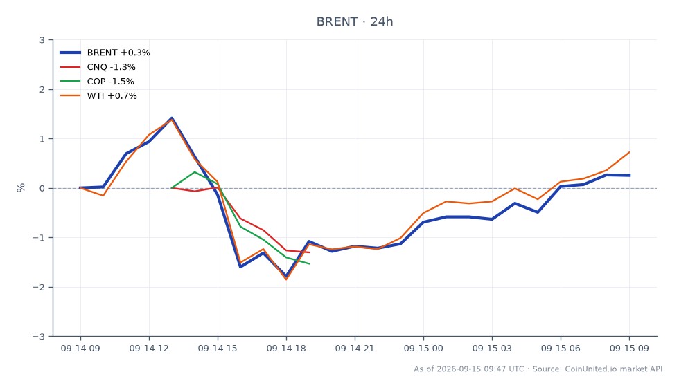 The chart displays the performance of Brent Crude Oil over the last 24 hours, opening at $103.24 and closing slightly lower at $102.825, marking a decrease of 0.4%. The price fluctuated between a high of $104.325 and a low of $100.29. In comparison, related stocks show varied performance: Canadian Natural Resources (CNQ) decreased by 1.18%, while ConocoPhillips (COP) fell by 2.19%. West Texas Intermediate (WTI) remained relatively stable with a change of just 0.03%. This indicates that Brent is currently experiencing a slight decline, while CNQ and COP are also lagging behind, suggesting a cautious sentiment in the oil market. Traders may consider these movements when planning their leveraged positions.