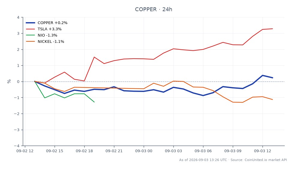 图表展示了过去24小时内大宗商品市场的铜（COPPER）表现。铜开盘价为6.60615，收盘价为6.6539，最高触及6.66615，最低为6.57335，涨幅为0.72%。相比之下，相关资产表现各异：特斯拉（TSLA）上涨1.81%，而蔚来（NIO）下跌1.78%。镍（NICKEL）也小幅上涨0.61%。数据显示，铜价表现稳定且略有上涨趋势，而蔚来在相关资产中表现落后，反映出电动汽车行业潜在的传染风险。