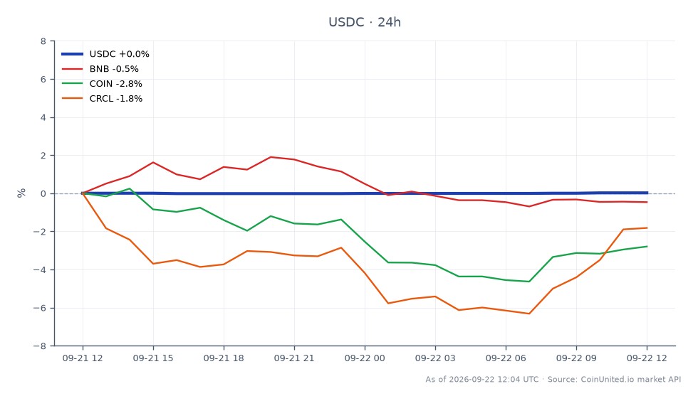 USDCの過去24時間のパフォーマンスを示すチャート。始値0.9996ドル、終値0.9998ドル、高値0.9998ドル、安値0.9994ドルを示している。これにより、わずか0.02%の変動率となっている。比較対象として、関連資産はまちまちなパフォーマンスを示しており、BNBは0.51%、COINは2.56%、CRCLは1.35%下落した。これらの変動の中でもUSDCは安定しており、特にボラティリティの高い状況で安定性を求めるレバレッジトレーダーにとって、信頼できるステーブルコインとしての役割を示している。