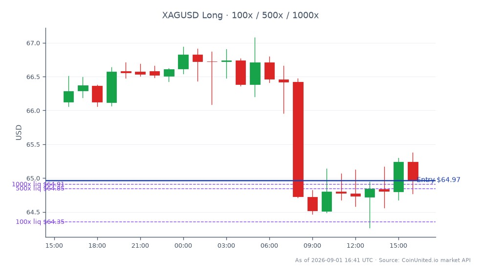 图表展示了过去 24 小时内白银对美元 (XAGUSD) 的表现。白银开盘价为 66.124，收盘价为 64.9685，下跌 1.75%。此期间最高价为 67.079，最低价为 64.268。对于考虑杠杆头寸的交易员，多头头寸的入场价设在 64.9685，潜在杠杆档位为 100、500 和 1000。这些数据表明白银市场呈看跌趋势，这可能会影响大宗商品交易者的交易策略。随着白银价格下跌，整体市场情绪似乎谨慎，反映了大宗商品行业的普遍趋势。