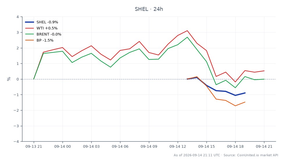 チャートはシェルPLC（SHEL）の過去24時間のパフォーマンスを表示しており、始値97.36ドル、終値96.395ドルで、0.99%の下落を示しています。この期間中、株価は最高値97.625ドル、最安値96.085ドルに達し、合計7本のローソク足が取引活動を示しています。比較すると、関連市場ではWTI原油価格が0.21%上昇した一方、ブレント原油価格は0.35%下落しました。BPの株価は1.53%下落し、関連銘柄の中で遅れをとっている状況を示しています。このデータは、エネルギーセクターにおけるまちまちなセンチメントを示唆しており、WTI価格のわずかな上昇と比較してシェルのパフォーマンスは劣っています。