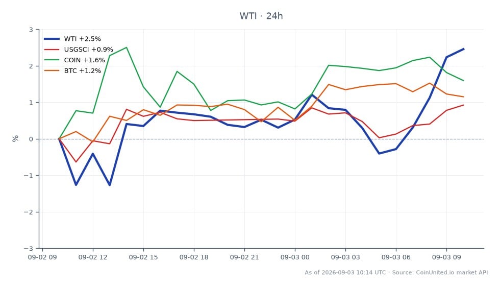 图表展示了 WTI 轻质原油在过去 24 小时的表现,开盘价为 90.49 美元,收盘价为 92.415 美元。期间最高价达到 92.53 美元,最低价为 88.975 美元,涨幅为 2.13%。相比之下,相关资产表现各异:USGSCI 指数上涨 0.78%,COIN 上涨 1.36%,比特币 (BTC) 上涨 1.04%。WTI 的强劲表现使其在这些资产中处于领先地位,表明杠杆交易者对石油市场的兴趣增加。数据显示 WTI 价格大幅上涨,这可能会影响参与杠杆头寸的交易者的交易策略。