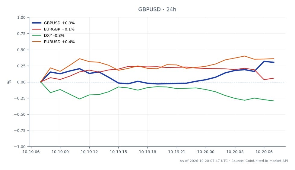 The chart displays the performance of the GBP/USD currency pair over a 24-hour period. The pair opened at 1.33347 and closed slightly higher at 1.33482, marking a change of 0.1%. During this timeframe, it reached a high of 1.335885 and a low of 1.32989. In comparison, the related currency pairs showed varied performance: EUR/GBP decreased by 0.09%, the DXY index fell by 0.02%, while EUR/USD saw a minor increase of 0.01%. The GBP/USD pair's positive movement indicates it was a leader in this cross-market analysis, while the EUR/GBP acted as a laggard with its decline. These fluctuations may influence leveraged trading strategies in the forex market.