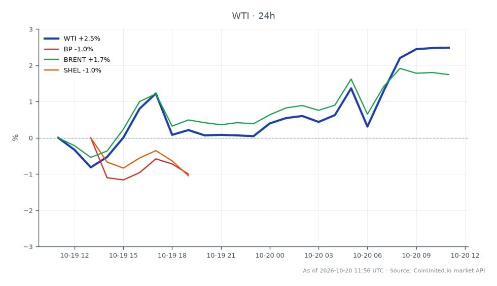 The chart illustrates the performance of WTI Light Crude Oil over the last 24 hours, showing an opening price of $98.005 and a closing price of $100.575. The commodity reached a high of $101.335 and a low of $97.145, reflecting a percentage change of 2.62%. In comparison, related assets show varied performances: BP remained unchanged at 0.0%, Brent Crude Oil increased by 1.9%, while Shell (SHEL) experienced a slight decline of 0.38%. This data indicates that WTI outperformed both Brent and Shell, making it a leader in this cross-market analysis for energy traders.