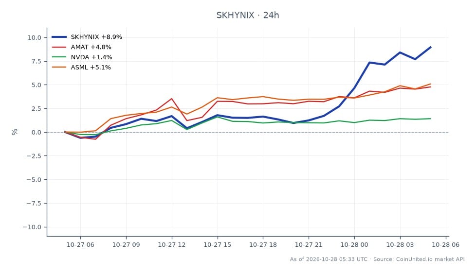 The chart illustrates the performance of SK Hynix Inc (SKHYNIX) over the last 24 hours, showcasing an opening price of $1024.95 and a closing price of $1108.95, resulting in an 8.2% increase. The stock reached a high of $1113.45 and a low of $1007.75 during this period. In comparison, related stocks showed varying performance: Applied Materials (AMAT) increased by 4.46%, NVIDIA (NVDA) rose by 1.2%, and ASML Holdings (ASML) gained 4.78%. SK Hynix stands out as the leader in this cross-market analysis with its significant profit surge and shareholder return announcement, making it a focal point for leveraged traders in the semiconductor sector.
