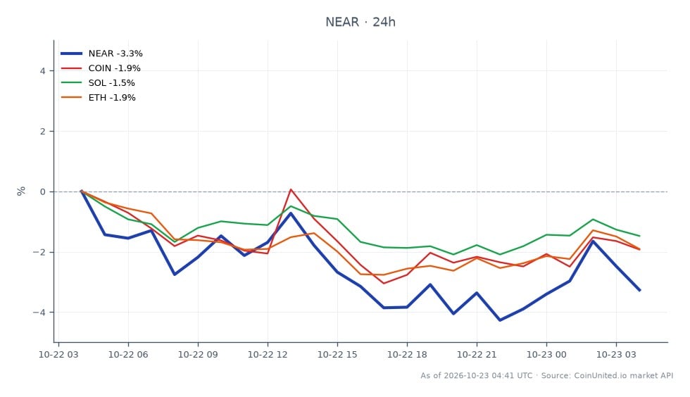 The NEAR Protocol (NEAR) opened at $5.122 and closed at $4.913, reflecting a 4.08% decrease over the last 24 hours. The price fluctuated between a high of $5.14 and a low of $4.826 during this period. In comparison, related cryptocurrencies showed varying performance: Coinbase Global Inc. (COIN) decreased by 1.84%, Solana (SOL) fell by 1.4%, and Ethereum (ETH) experienced a decline of 1.8%. NEAR's significant drop highlights its volatility amidst broader market trends, with NEAR being the most affected among the listed assets. This chart illustrates the cross-market performance of NEAR against its peers, emphasizing the impact of recent developments regarding token issuance changes.