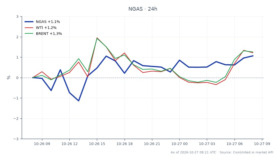 The chart illustrates the performance of Natural Gas (NGAS) over the last 24 hours, showing an opening price of $3.00515 and a closing price of $3.0532, which reflects a percentage change of 1.6%. The price fluctuated between a low of $2.9776 and a high of $3.0654 during this period. In comparison, related commodities WTI and Brent crude oil showed smaller percentage changes of 0.77% and 0.88%, respectively, indicating that Natural Gas outperformed both oil benchmarks in the last 24 hours.