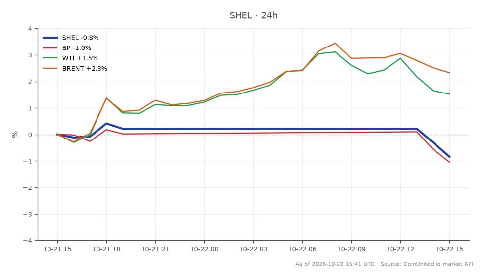 The chart displays the performance of Shell PLC (SHEL) over the last 24 hours, showing an opening price of $105.41 and a closing price of $104.28, resulting in a decrease of 1.07%. The stock reached a high of $106.62 and a low of $104.15 during this period. In comparison, BP experienced a decline of 1.26%, while WTI crude oil saw a slight increase of 0.56% and Brent crude oil rose by 1.45%. This indicates that while Shell and BP are lagging in the stock market, the crude oil prices are showing some resilience, particularly Brent, which is up significantly. The overall market sentiment appears mixed, with Shell underperforming relative to the related commodities.