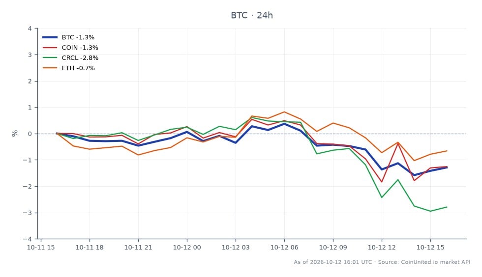图表展示了比特币（BTC）在加密货币市场的近期表现，开盘价为83,873美元，收盘价为82,789美元，较过去24小时下跌1.29%。在此期间的最高价为84,320美元，最低价为82,363美元。相比之下，相关资产表现各异：Coinbase（COIN）下跌1.03%，Circle（CRCL）下跌2.52%，以太坊（ETH）小幅下跌0.1%。这些数据显示，尽管比特币自身有所下跌，但在该群体中是受影响最小的资产，显示出在杠杆交易者面临挑战的市场环境中具有潜在的韧性。