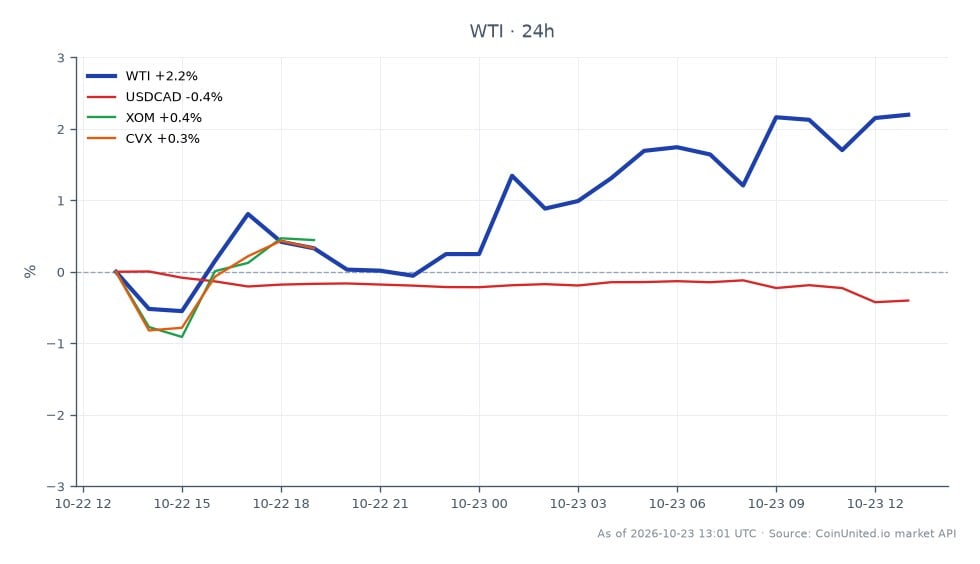 The chart illustrates the performance of WTI Light Crude Oil over the past 24 hours, opening at $99.68 and closing at $101.185. The price reached a high of $101.565 and a low of $97.89, resulting in a percentage change of 1.51%. In related markets, the USDCAD currency pair decreased by 0.42%, while energy stocks Exxon Mobil (XOM) and Chevron (CVX) experienced declines of 1.13% and 0.83%, respectively. This indicates a slight lag in the performance of major energy stocks compared to the rise in WTI prices, suggesting a potential divergence in market sentiment. Traders should note these movements when considering leveraged positions in WTI CFDs or related energy stocks.