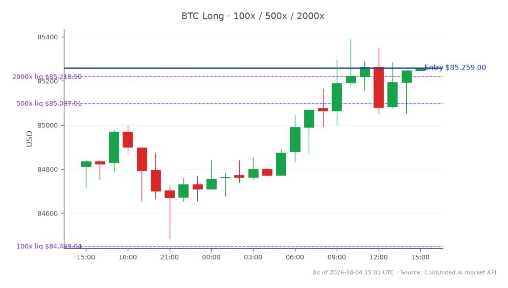 圖表顯示比特幣 (BTC) 在加密貨幣市場的近期表現，開盤價為 84,811.00 美元，收盤價為 85,259.00 美元，較過去 24 小時上漲 0.53%。期間價格最高觸及 85,389.00 美元，最低為 84,486.00 美元，共顯示 25 根蠟燭圖。在槓桿交易方面，以 85,259.00 美元的價格建立多頭部位，提供 100 倍、500 倍和 2000 倍的多級槓桿選項。此數據突顯比特幣在市場波動中的穩定性，目前跨市場分析中未發現顯著落後或領先的指標。