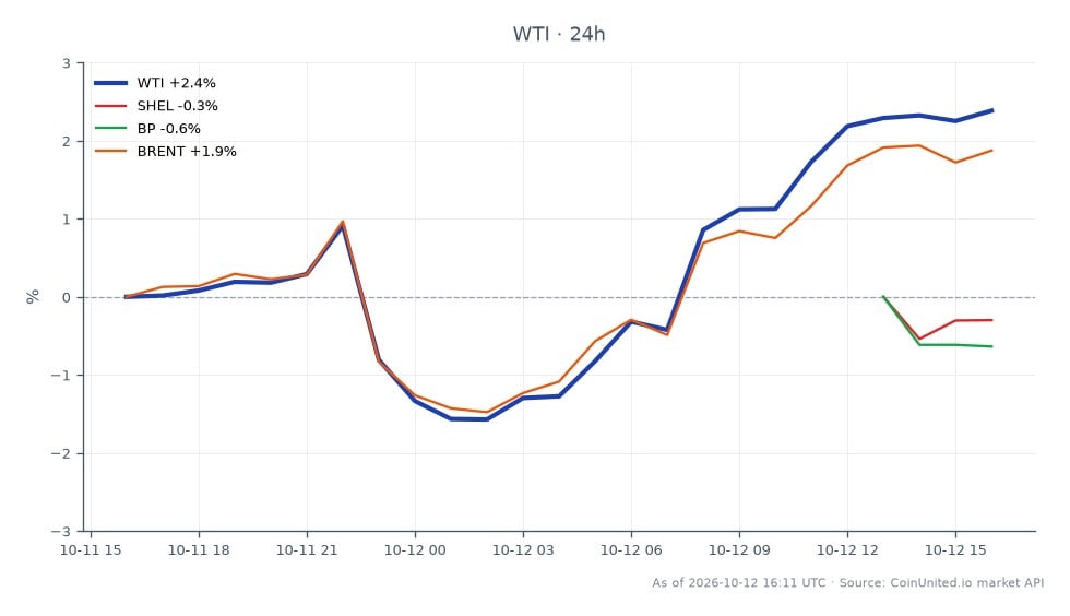 The chart illustrates the recent performance of WTI Light Crude Oil, which opened at $91.145 and closed at $93.205, marking a 2.26% increase over the last 24 hours. The price fluctuated between a low of $89.16 and a high of $93.315 during this period. In comparison, related commodities showed varied performance: Shell (SHEL) experienced a slight decline of 0.05%, while BP fell by 0.18%. In contrast, Brent crude oil saw a gain of 1.67%. This data indicates that while WTI is trending upward, Shell and BP are lagging behind, highlighting a divergence in performance among energy stocks and commodities.