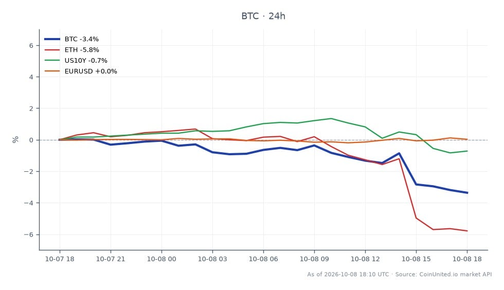 The chart illustrates the recent performance of Bitcoin (BTC) in the crypto market, showing an opening price of $83,123.00 and a closing price of $80,575.00, which represents a decline of 3.07% over the last 24 hours. The price fluctuated between a high of $83,569.00 and a low of $80,345.00 during this period. In comparison, Ethereum (ETH) experienced a more significant drop of 5.38%, while the US 10-Year Treasury yield (US10Y) decreased by 0.96%. The EUR/USD currency pair remained relatively stable with a slight increase of 0.02%. This data indicates that Bitcoin is currently underperforming relative to Ethereum, which is the laggard in this cross-market scenario, while the US10Y shows a minor decline, suggesting a mixed market sentiment. Traders should note the volatility in Bitcoin as it approaches critical support levels.