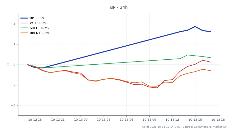 The chart displays the performance of BP p.l.c. (symbol: BP) over the last 24 hours, showing an opening price of $46.835 and a closing price of $48.395, marking a price increase of 3.33%. The stock reached a high of $48.735 and a low of $46.685 during this period, indicating volatility within the trading session. In comparison, related markets show WTI crude oil with a slight increase of 0.28%, Shell (SHEL) up by 0.73%, while Brent crude oil experienced a decline of 0.5%. BP's performance stands out as a leader in this cross-market analysis, reflecting a stronger bullish sentiment relative to its peers and the broader oil market.