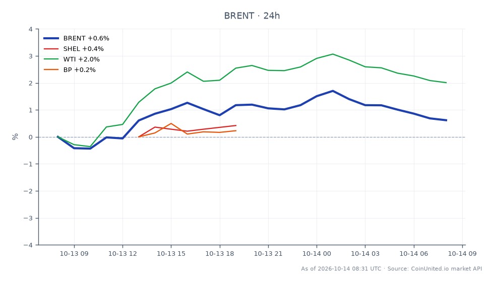 The chart displays the performance of Brent Crude Oil alongside related commodities and stocks over the past 24 hours. Brent Crude opened at $102.135 and closed at $102.865, experiencing a high of $104.245 and a low of $101.565, resulting in a percentage change of 0.71%. Among related assets, WTI Crude Oil saw the highest increase at 2.04%, while Shell (SHEL) rose by 0.84%, and BP (BP) increased by 1.34%. The data indicates that WTI is the clear leader in this cross-market analysis, outperforming Brent and the other related stocks.
