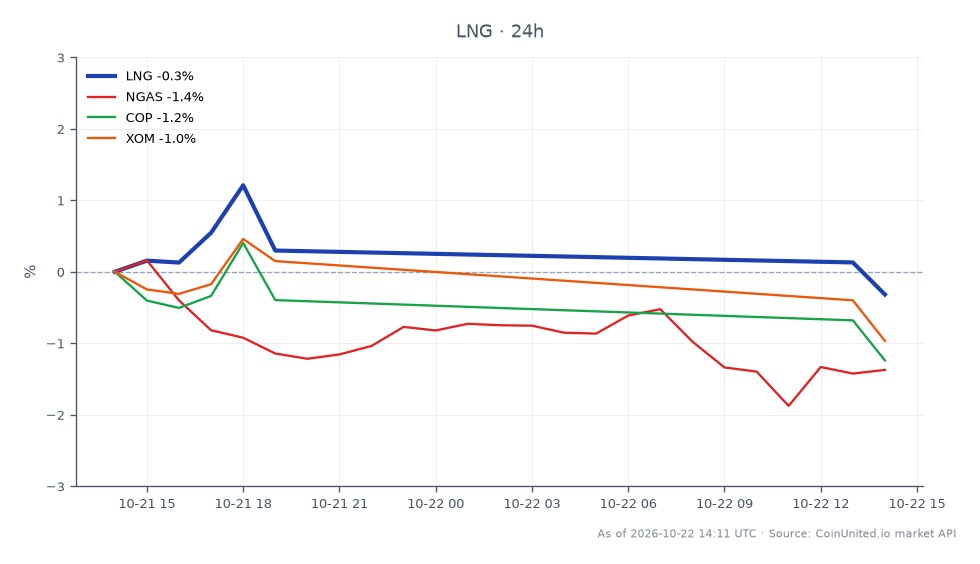 The chart illustrates the performance of Cheniere Energy, Inc. (LNG) over the past 24 hours, showing an opening price of $282.585 and a closing price of $282.205, resulting in a slight decrease of 0.13%. The stock reached a high of $289.415 and a low of $281.14 during this period. In comparison, related markets show natural gas (NGAS) down by 0.82%, ConocoPhillips (COP) down by 0.56%, and ExxonMobil (XOM) down by 0.43%. This indicates that while LNG experienced a minor decline, the related commodities and stocks also faced downward pressure, with NGAS being the most significant laggard among them.
