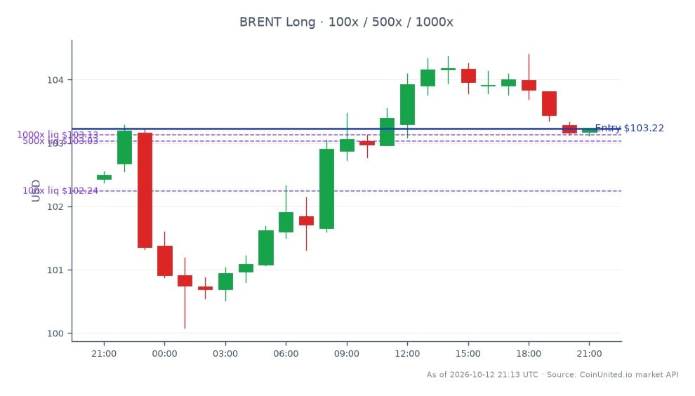 The chart illustrates the performance of Brent Crude Oil over the last 24 hours, with an opening price of $102.435 and a closing price of $103.225, reflecting a price increase of 0.77%. The highest price recorded during this period was $104.405, while the lowest was $100.085, indicating a relatively stable trading range. For leveraged trading, a long position can be initiated at the entry price of $103.225, with tiered investment levels set at $100, $500, and $1000. This data highlights Brent Crude Oil's consistent upward movement, making it a focal point for traders in the commodities market.
