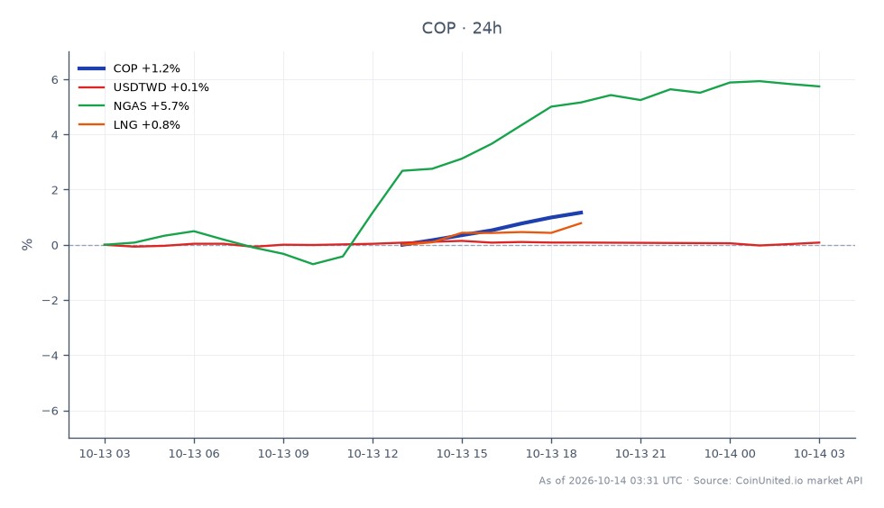 The chart illustrates the performance of ConocoPhillips (COP) over the last 24 hours, showing an opening price of $138.115, a closing price of $141.00, a high of $141.04, and a low of $138.05, resulting in a percentage change of +2.09%. In comparison, the related assets show varied performance: the USDTWD currency pair increased by 0.21%, natural gas (NGAS) surged by 5.81%, and liquefied natural gas (LNG) saw a modest rise of 1.08%. The significant increase in NGAS indicates a strong upward trend in the natural gas market, potentially influenced by geopolitical factors such as Trump's LNG deal with Taiwan, which may impact supply dynamics. ConocoPhillips stands out as a leader in this chart, reflecting investor confidence amid these developments.