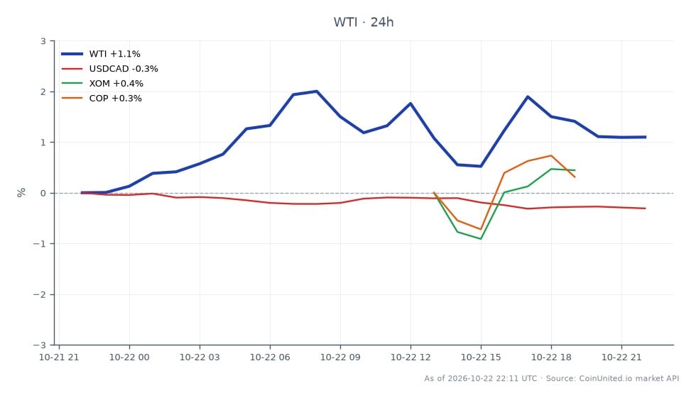 The chart illustrates the recent performance of WTI Light Crude Oil alongside related financial instruments following Trump's Defense Production Act Oil Order. WTI opened at $98.005 and closed at $99.03, achieving a high of $100.095 and a low of $97.72, resulting in a 1.05% increase over the past 24 hours. In contrast, the Canadian Dollar (USDCAD) experienced a slight decline of 0.31%, while refining stocks ExxonMobil (XOM) and ConocoPhillips (COP) saw decreases of 1.13% and 1.15%, respectively. This data indicates that WTI is the clear leader in this cross-market analysis, showing positive momentum compared to the lagging performance of the related stocks and currency pair.