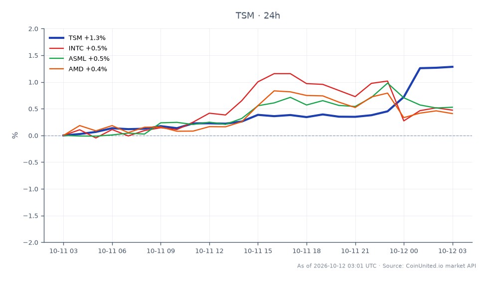 The chart illustrates the performance of Taiwan Semiconductor Manufacturing Company Ltd. (TSM) over the last 24 hours. TSM opened at 452.875 and closed at 458.355, marking a 1.21% increase. The stock reached a high of 458.745 and a low of 452.35 during this period, with a total of 25 candlestick entries recorded. In comparison, related stocks showed minimal movement: Intel Corporation (INTC) increased by 0.16%, ASML Holding N.V. (ASML) rose by 0.42%, and Advanced Micro Devices, Inc. (AMD) saw a slight gain of 0.15%. TSM's performance stands out as the most significant gain among its peers, indicating a potential leverage play for traders focusing on TSM CFDs and the AI chip market.