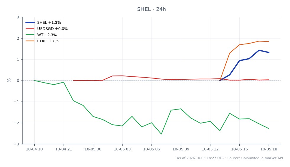 该图表展示了壳牌公司（SHEL）在24小时内的表现，开盘价为96.15美元，收盘价为96.845美元，上涨0.72%。在此期间，股价最高达到96.95美元，最低为94.765美元。相比之下，相关市场中，美元兑新加坡元汇率小幅上涨0.07%，而WTI原油价格下跌1.94%。康菲石油公司（COP）上涨1.2%。值得注意的是，在原油价格下跌的背景下，壳牌公司在此跨市场分析中表现领先，呈现积极走势。