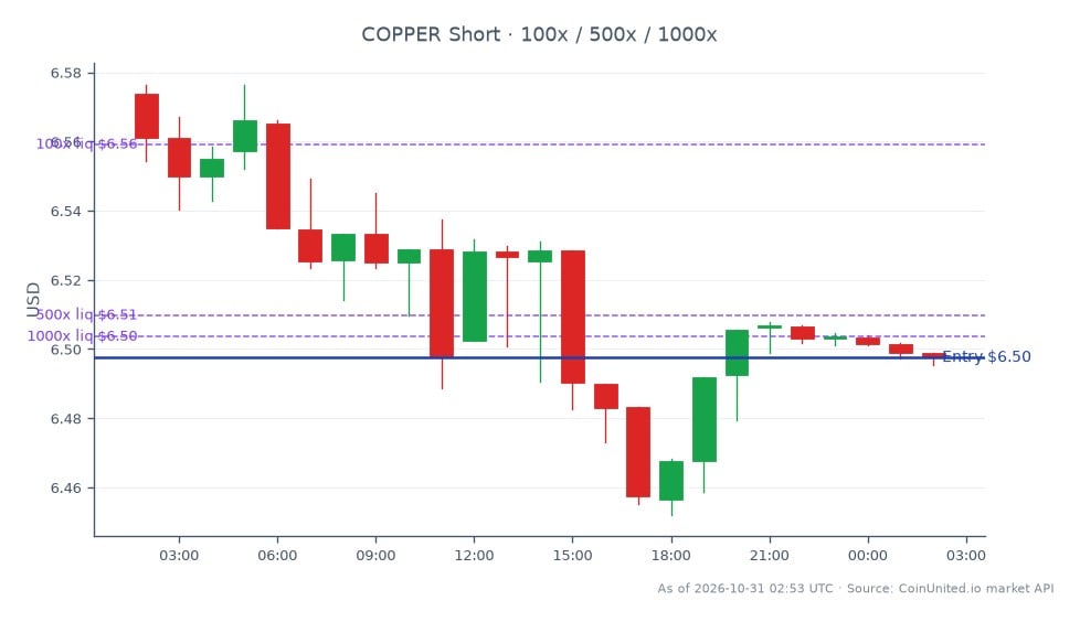 The leverage map shows Copper (COPPER) over 25 candles, with the latest price at 6.4975. The 24-hour candle opened at 6.5737, reached a high of 6.5764 and a low of 6.4521, then closed at 6.4975, down 1.16% over 24 hours. The displayed trade setup is short, with an entry price of 6.4975. Leverage tiers shown are 100x, 500x and 1,000x. The chart summary does not provide liquidation prices, so none are stated. The title references Fugro’s Q3 EBITDA falling 30%, offshore wind backlog declining 36%, and recovery being pushed to H2 2027; those figures are not represented by the Copper price data in this chart. No related-market percentage changes or cross-market leader or laggard are provided.